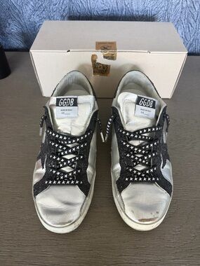 Golden Goose Silver Leather Sneakers with Black Star & Laces